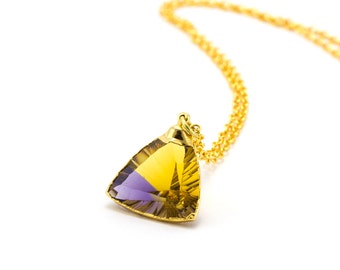 Ametrine Necklace, Ametrine, Triangle Cut Diamond, Ametrine Jewelry, Raw Citrine Necklace, Gold Citrine Jewelry, Triangle Necklace,