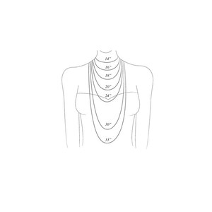 May include: A diagram showing different necklace lengths on a model, ranging from 14 inches to 32 inches.