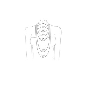 May include: A diagram showing different necklace lengths on a model, ranging from 14 inches to 32 inches.