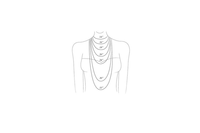 May include: A diagram showing different necklace lengths on a model, ranging from 14 inches to 32 inches.