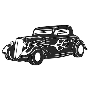 Könnte beinhalten: Schwarz-weiße Silhouette eines Oldtimer-Hot-Rods mit Flammen, die an die Seite gemalt sind.