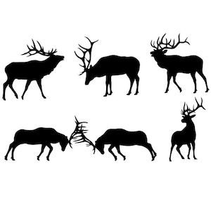 May include: Silhouettes of five elk, all facing different directions. The elk are in various poses, including standing, walking, and fighting. The silhouettes are black against a white background.