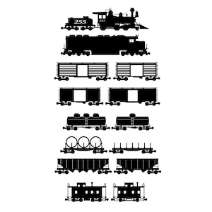 Tren, Vapor y Diesel Engine Plus Box Cars, Clipart Silhouettes, eps dxf pdf png svg Files - Plasma - CNC