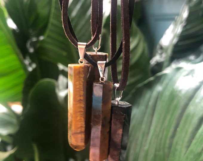 Tigers eye-tigers eye point-crystal jewelry- crystal point necklace-tigers eye crystal-vegan suede necklace-vegan jewelry-tigers eye jewelry