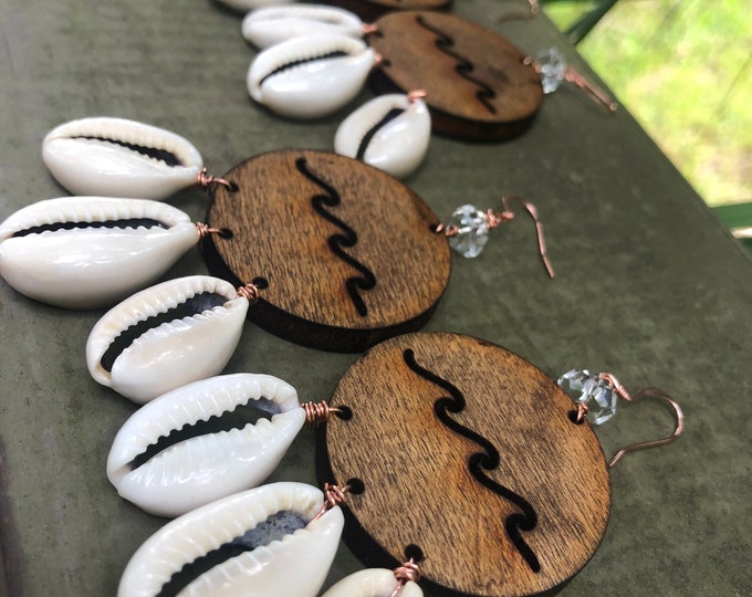 Wave & shell hoops-wooden wave earrings-cowrie Shell jewelry-crystal jewelry-wave jewelry-shell earrings-wood earrings-wave earrings-boho