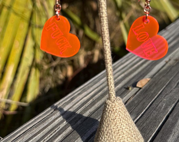 heart earrings-valentines day earrings-funny heart earrings-cynical Valentine’s Day jewelry-pink heart earrings-neon heart-rose gold hearts