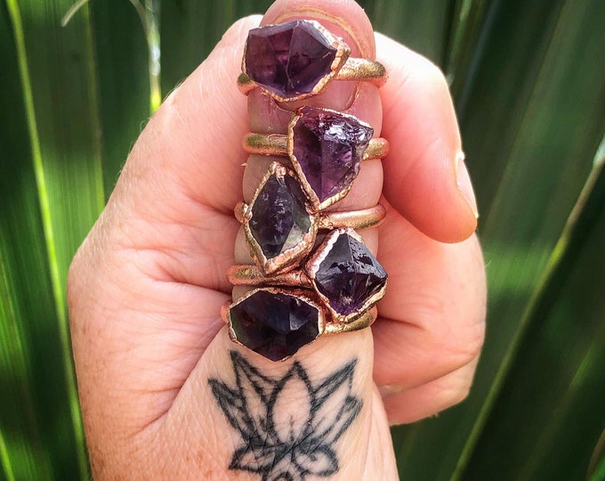 Amethyst ring-electroformed amethyst ring-copper ring-electroformed ring-healing crystal ring-birthstone jewelry-raw amethyst jewelry-