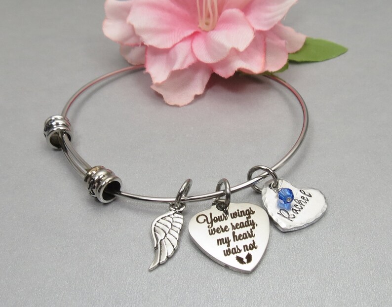 Your Wings Were Ready my Heart Was Not Personalized Memory Charm Bangle Bracelet with Hand Stamped Name on Heart Charm