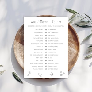 Juego de baby shower con el tema ¿Qué preferiría mamá? - Descarga instantánea - 3000-RATHER-BLK