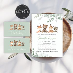 Eucalyptus bosdieren babyshoweruitnodigingen - bewerkbare digitale download - genderneutrale babyshoweruitnodigingen