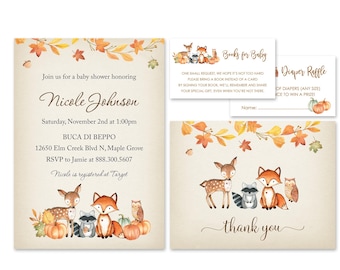 Autumn Leaves and Pumpkin Rustic Woodland Animals Baby Shower Invitations -  Gender Neutral Forest Animal Baby Shower Invitations