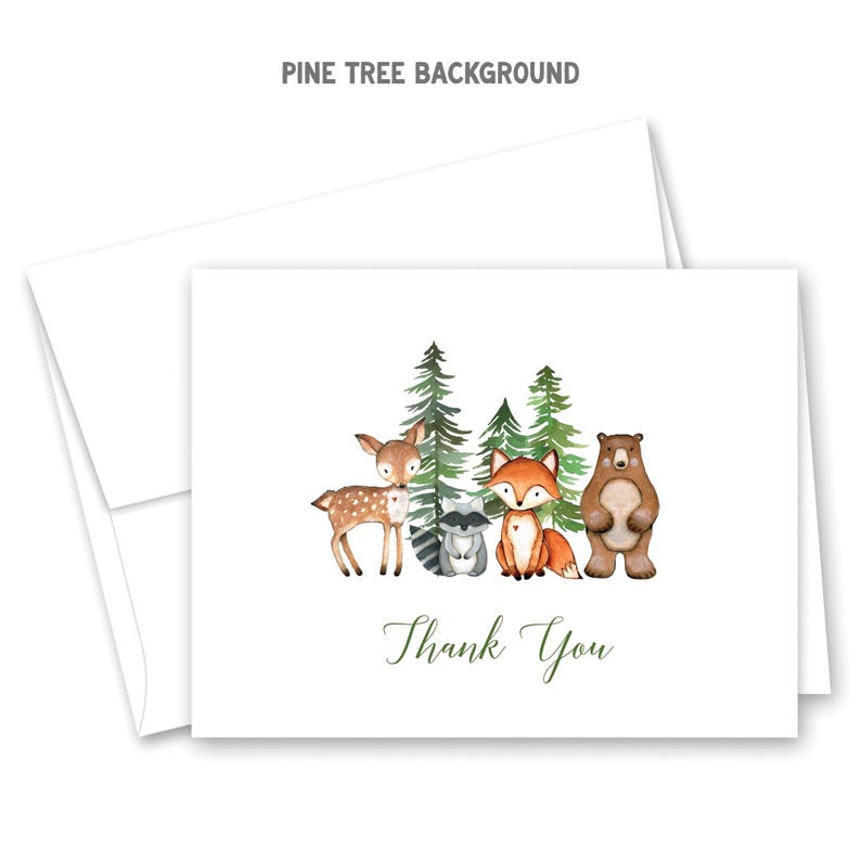 Woodland Animals Thank You Cards - Greenery Baby Shower Thank You Cards - Set of 24 with envelopes Pine Tree Background