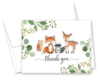 Woodland Animals Thank You Cards - Floral and Greenery Baby Shower Thank You Cards - Set of 24 with envelopes