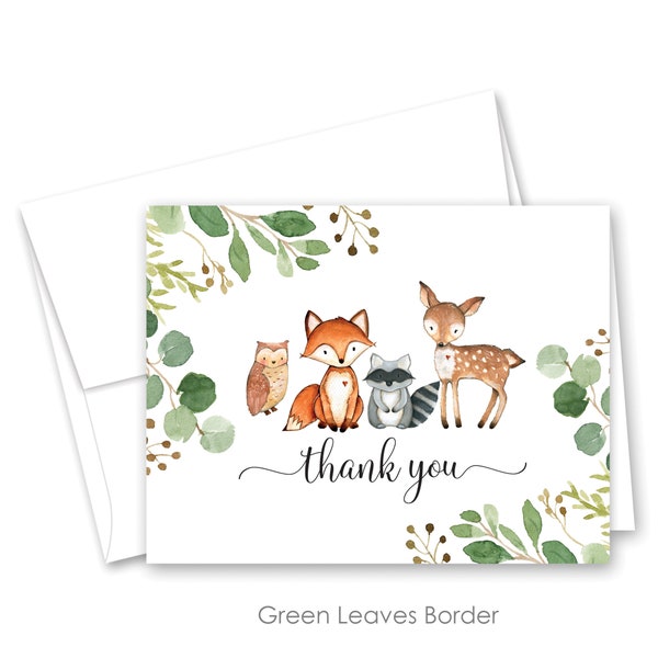 Woodland Animals Thank You Cards - Floral and Greenery Baby Shower Thank You Cards - Set of 24 with envelopes
