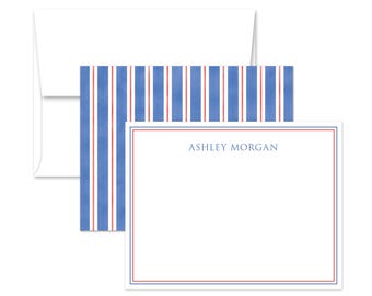 Blue Red Stripe Personalized Flat Note Cards - Set of 12