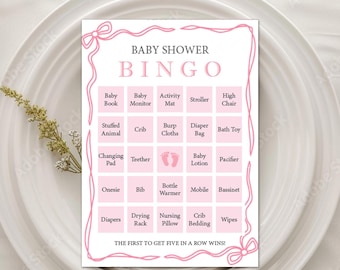 50 Prefilled Pink Bow Border Baby Shower Bingo Cards (NOT EDITABLE) - Digital Download