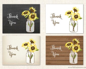 Sunflower Thank You Cards - Wedding, Bridal Shower - Set of 12