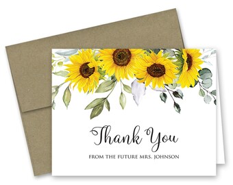 Sunflowers Eucalyptus Greenery Bridal and Wedding Thank You Cards - Set of 10 with envelopes