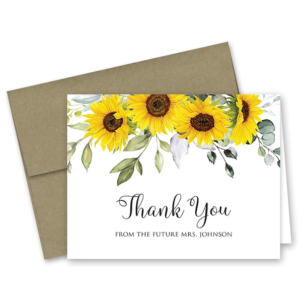 Sunflowers Eucalyptus Greenery Bridal and Wedding Thank You Cards - Set of 10 with envelopes