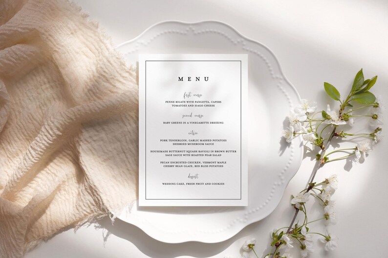Menu First Course Layout Minimalist Border Wedding Menu Template (EDITABLE ON TEMPLETT ...