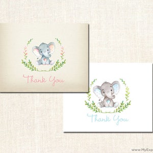 May include: Two thank you cards with a watercolor illustration of an elephant surrounded by green leaves. The elephant on the left card has pink accents and the elephant on the right card has blue accents. Both cards say "Thank You" in a cursive font.