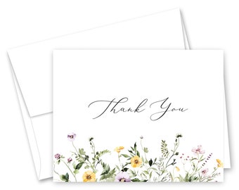 Watercolor Wildflowers Thank You Cards - Set of 12 with envelopes - 972