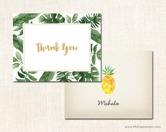 Watercolor Tropical Palm Leaves Thank You Cards  - Rustic Hawaiian mahalo Pineapple Thank You Cards - Set of 24 with envelopes