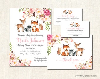 Pink Woodland Animals Baby Shower Invitations - Boho Watercolor Floral Rustic Baby Shower Thank You Cards