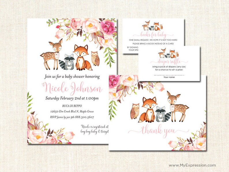 Pink Woodland Animals Baby Shower Invitations Boho Etsy