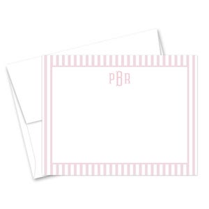 May include: A white stationery set featuring a personalized note card and envelope. The note card has a pink striped border and the initials "PBR" in the center. The envelope is white.