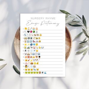 May include: A printable nursery rhyme game with 15 lines and a list of emojis. The title is "Nursery Rhyme Emoji Dictionary".