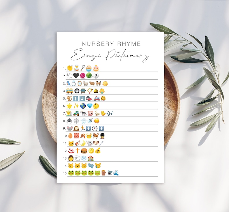 May include: A printable nursery rhyme game with 15 lines and a list of emojis. The title is "Nursery Rhyme Emoji Dictionary".