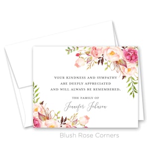 May include: A sympathy card with a floral design in shades of pink and green. The text reads "Your kindness and sympathy are deeply appreciated and will always be remembered. The family of Jennifer Johnson. Blush Rose Corners."