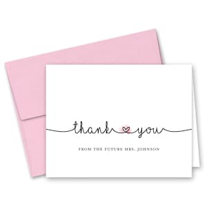 Pink Heart Bridal Shower Thank You Cards, Bridesmaid Thank You Cards - Set of 10 with envelopes