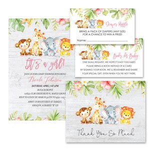 Safari Jungle Animals Inviti baby shower - Inviti doccia bambino rosa e bambina e jungle safari biglietti di ringraziamento