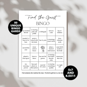 Puede incluir: Una tarjeta de juego de Bingo blanca con texto negro, titulada "Find the Guest Bingo". La tarjeta incluye una cuadrícula de pistas como "le gusta cocinar" y "tiene 2+ hijos". La tarjeta también incluye el texto "50 TARJETAS DE BINGO ÚNICAS" y "5x7 Y 8.5x11".