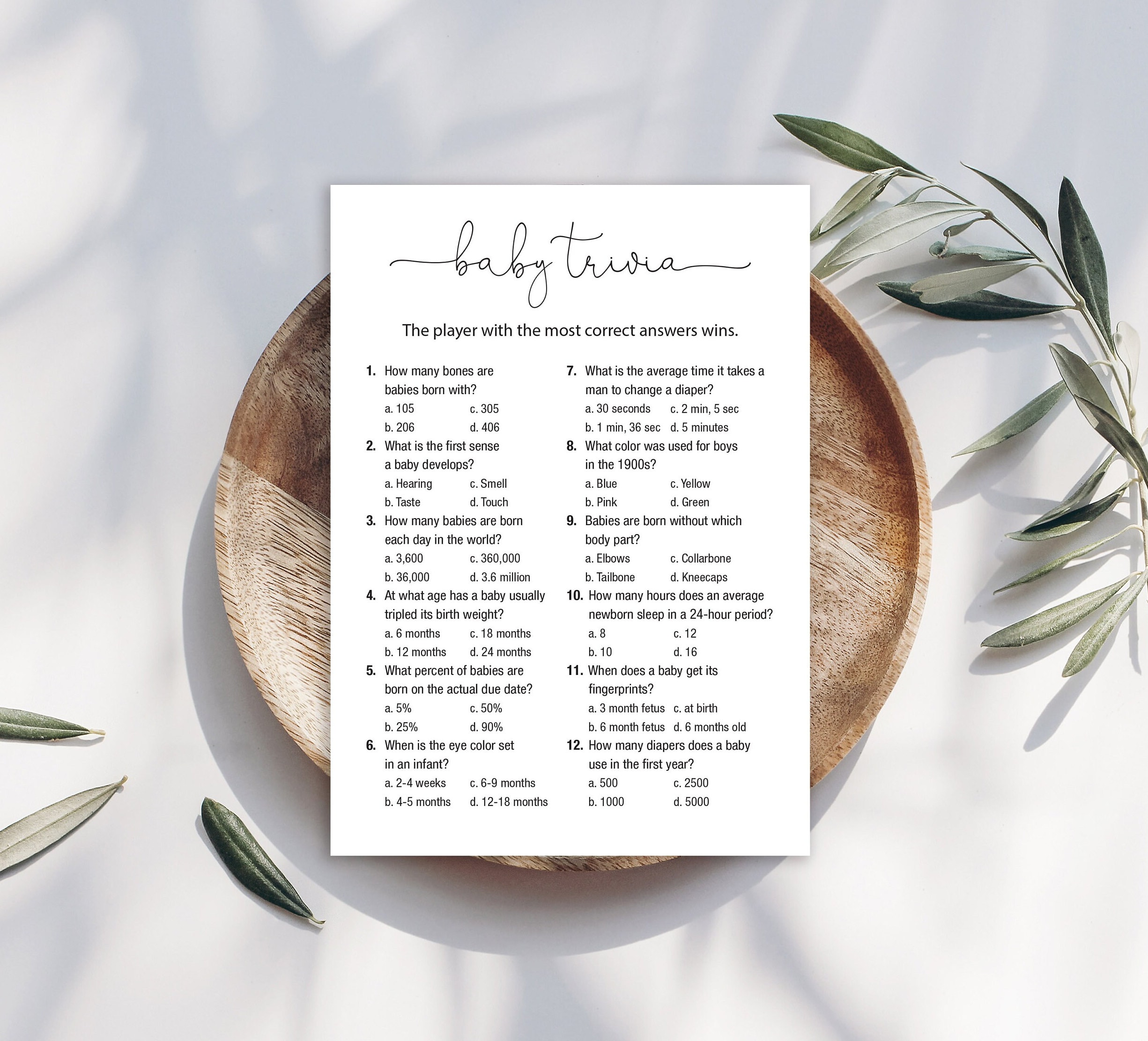 Digital Baby Shower Trivia Game Minimalist - Instant Download - 3000-BabyTrivia-BLK