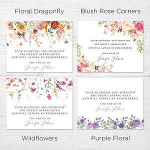 May include: Four sympathy card designs with watercolor floral illustrations. The cards feature different floral arrangements, including dragonflies, blush roses, wildflowers, and purple flowers. Each card includes the text "Your kindness and sympathy are deeply appreciated and will always be remembered." followed by "The family of Jennifer Johnson".
