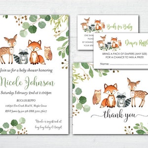 Greenery Woodland Animals Baby Shower Invitations -  Boy and Gender Neutral Baby Shower Invitations and Forest Animals Thank You Cards