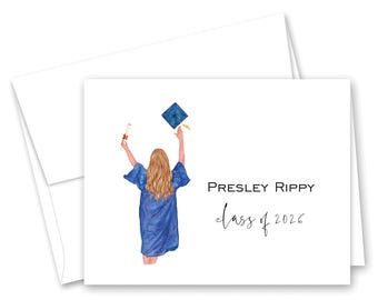 Personalized Graduation Thank You Cards (Blue Gown)- Set of 12 with envelopes - 850