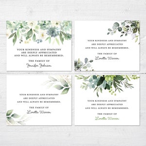 Greenery Personalized Sympathy Acknowledgement Cards, Funeral Thank You Cards, Sympathy Thank You Cards, Funeral Note Cards - set of 10