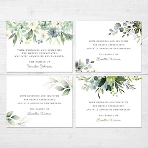 Greenery Personalized Sympathy Acknowledgement Cards, Funeral Thank You Cards, Sympathy Thank You Cards, Funeral Note Cards - set of 10