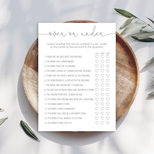 Carte de jeu minimaliste Bridal Shower Over Under (NON MODIFIABLE) - Téléchargement numérique