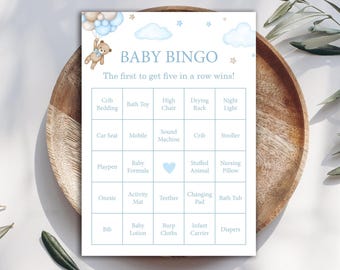 Blue Teddy Bear Baby Shower Bingo – 50 Prefilled Cards (Digital Download)