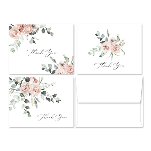 Boho Roses with Greenery Thank You Cards Set - Set of 12 with envelopes (3 designs, 4 each design)