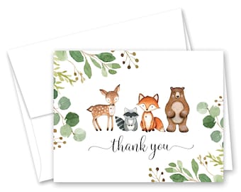 Woodland Animals Thank You Cards - Greenery Baby Shower Thank You Cards - Set of 24 with envelopes