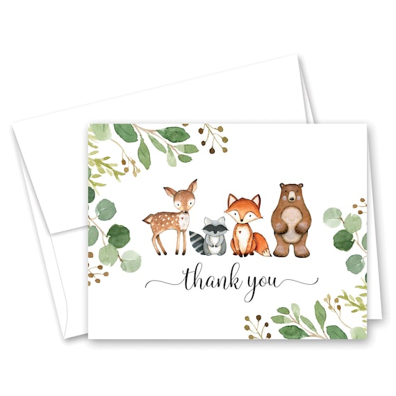 Woodland Animals Thank You Cards - Greenery Baby Shower Thank You Cards - Set of 24 with envelopes