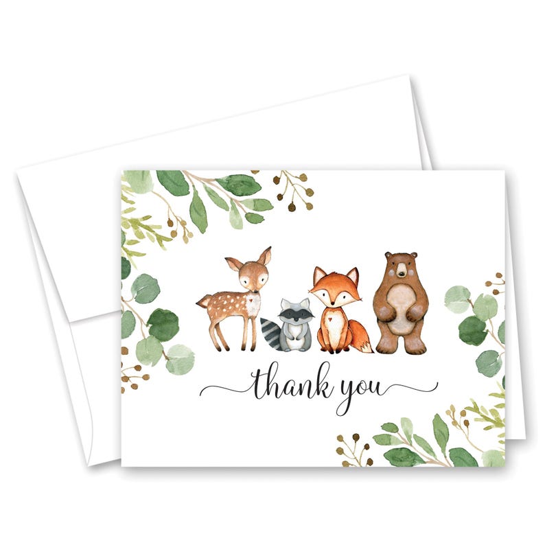 Woodland Animals Thank You Cards - Greenery Baby Shower Thank You Cards - Set of 24 with envelopes Green Leaves Border