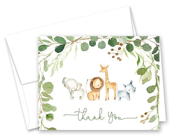 Greenery Jungle Safari Baby Shower Thank You Cards - Set of 24 with envelopes