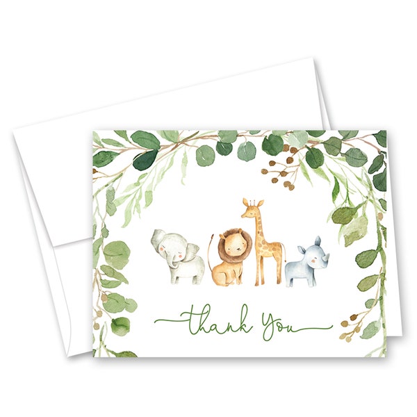 Greenery Jungle Safari Baby Shower Thank You Cards - Set of 24 with envelopes
